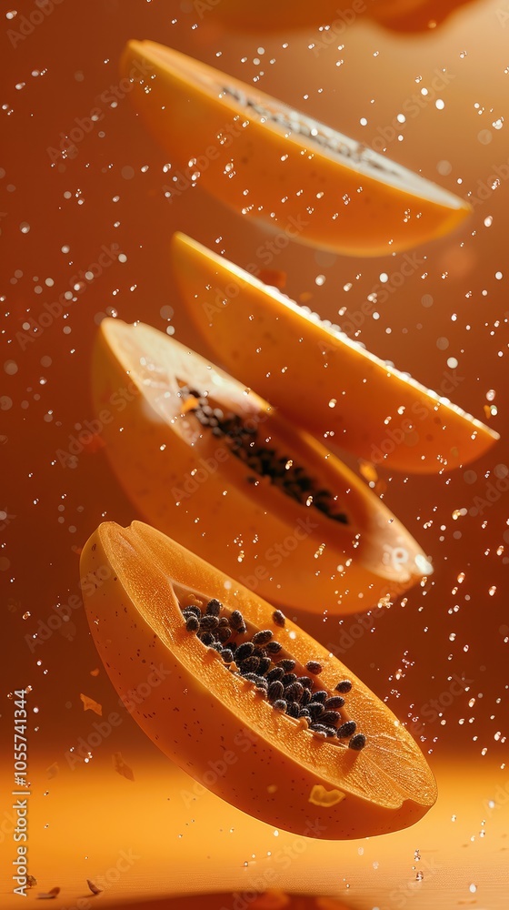 Aufkleber falling identical papaya slices floating in the air isolated on orange background.