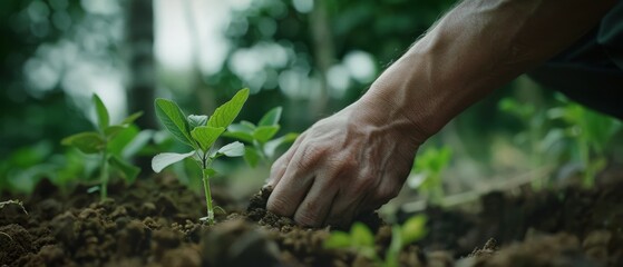 A strong hand gently plants a young seedling, symbolizing hope and new beginnings amidst a lush, green garden landscape.