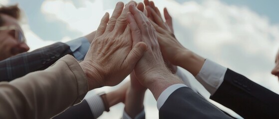A diverse group of business professionals join hands in a unified high-five gesture, celebrating success and teamwork under a clear blue sky.
