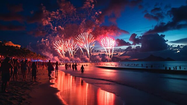 Fireworks bursting over a beach at midnight, with reflections dancing on the waves and a crowd cheering on the shore. . Video