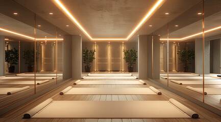 Obraz premium A wooden hot barre studio, with ambient lighting. no windows. floor to ceiling mirrors with ballet bar on lateral walls, and mats surrounding mirrors.