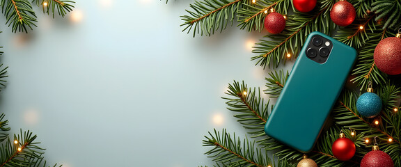 A phone case with coniferous branches, balls and lights, creating a cozy Christmas atmosphere