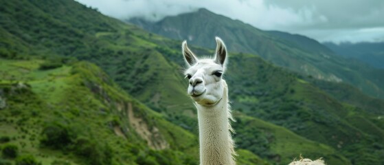 Fototapeta premium A llama stands proudly amidst lush, green hills, gazing with gentle curiosity, showcasing the enchanting beauty of the highlands.