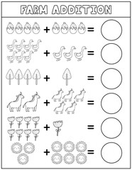 Farm addition black and white worksheet for kids. Math activity page in outline with cute farm characters. Calculate and write the result sheet for school and preschool. Vector illustration