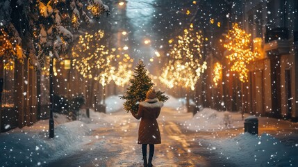 A person carrying a Christmas tree in a snowy street adorned with festive lights.