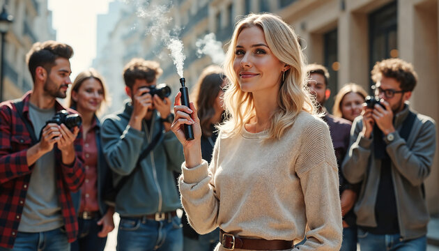 Blonde woman smoking vape pen. Smiling, looking at photographer. Surrounded by photographers with cameras and equipment. Outdoor urban setting. 