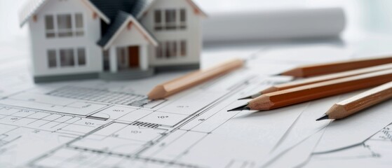 Architectural model and pencils rest on blueprints, conveying the creative process of designing a welcoming home.
