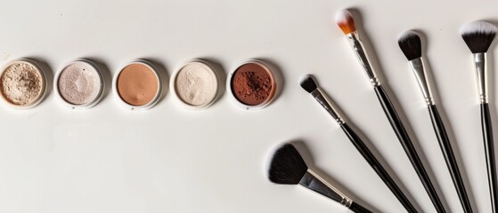 A selection of makeup powders and brushes spread out, offering tools for creativity and transformation in the world of beauty.