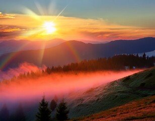 Obraz premium Rainbow over the Mountains. autumn morning in the Carpathians. Nature of Ukraine