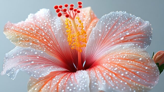 Close-up of a vibrant hibiscus flower with water droplets.