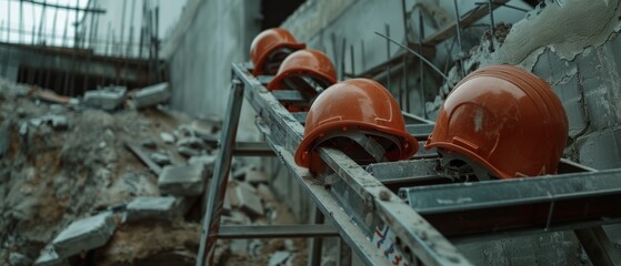 Four orange hard hats line a ladder, amidst the raw concrete and unfinished framework of a construction site, evoking industrious effort and progress.