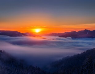 Obraz premium Colorful winter sunrise in the foggy mountains