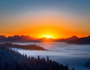 Fototapeta premium Colorful winter sunrise in the foggy mountains