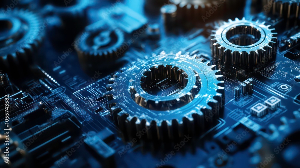 Aufkleber close-up of metallic gears on a circuit board, showcasing technology and engineering design.