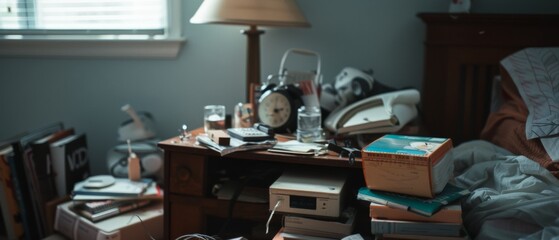 A dusty attic filled with boxes and forgotten items bathed in soft light, offering a nostalgic glimpse into memories and treasures of the past.