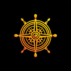 Obraz premium ship steering wheel with golden compass 