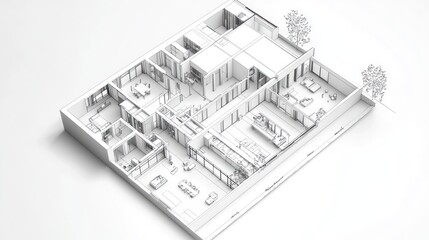 3D architectural layout of a modern building interior.