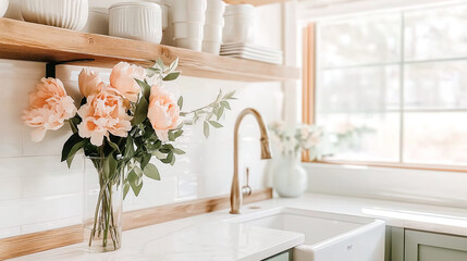 interior of a fresh kitchen in the hues of light green and wooden, farm house style