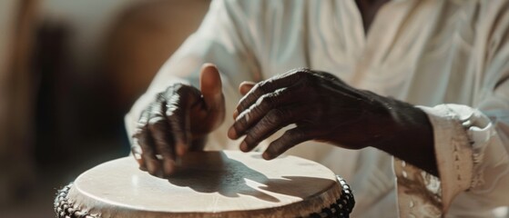 A pair of experienced hands rhythmically play a traditional drum, creating a soulful connection through music and cultural heritage.