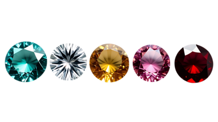 Set of spinel gem stone. Colorful gem stones set in various colors - yellow, red, white, blue and turquoise. Isolated on transparent white background, png