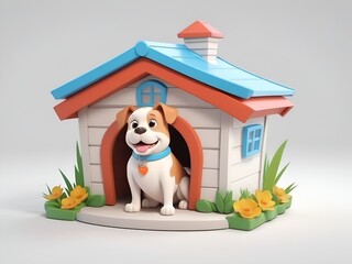 3d cartoon puppy with dog house cage