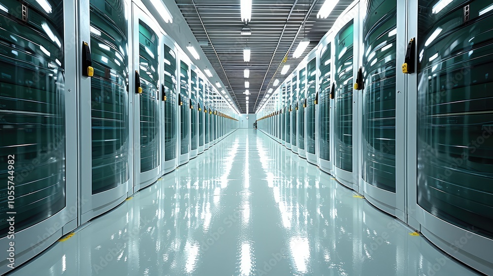Poster Data warehouse. smart warehouse management system, Secure data warehouse protected by layers of digital encryption key, featuring interconnected IoT devices that enable a seamless flow of information.