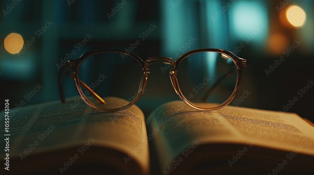 Poster Round Glasses Resting on an Open Book Under Soft Lighting