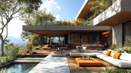 Fototapeta premium Modern outdoor living space with pool and lush greenery.