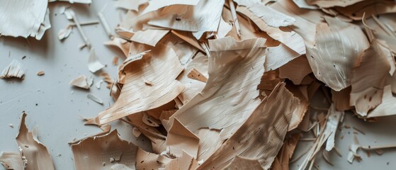 Rustic wood shavings scatter over a surface, contrasting raw craftsmanship with organic beauty.