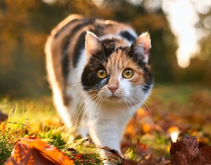 Beautiful kitty sitting on the autumn tree
