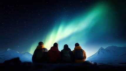 People enjoying the northern lights against a starry sky in a remote landscape.