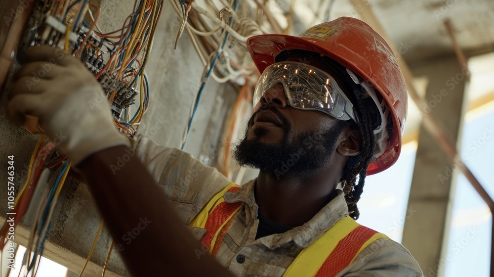 Poster electrician working on electrical wiring in a building under construction.