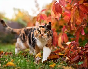 Fototapeta premium Beautiful kitty sitting on the autumn tree