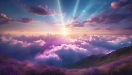 Blurred nature background of evening blue sky with floating clouds, adding a relaxing feeling.