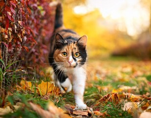Beautiful kitty sitting on the autumn tree