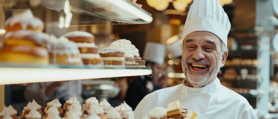 Overjoyed baker in a chef's hat beams with pride, surrounded by delectable pastries and confections in a bustling patisserie.