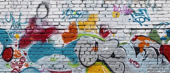 Naklejka premium A complex, layered graffiti mural covers a brick wall with vibrant colors and dynamic shapes, illustrating creativity and urban artistry.