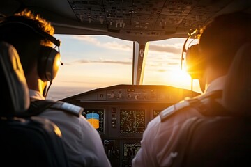Fototapeta premium Pilots in cockpit during sunset, focused on flying the airplane.