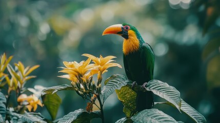 Naklejka premium Green and Yellow Toucan Perched on Branch with Yellow Flowers