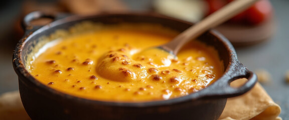 Creamy cheese soup in a rustic pot with wooden spoon for comfort food concept