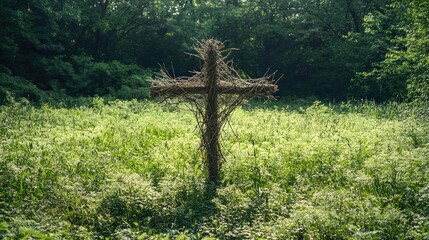 Fototapeta premium Rustic Cross Made of Branches in Serene Meadow