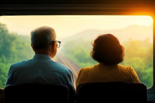 Senior couple enjoying serene landscape view from train window.