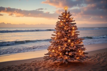 Enchanting christmas tree on a sunset beach creating a unique holiday ambiance