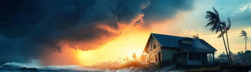 Stormy sky over a house near a beach during sunset, dramatic lighting and intense clouds.