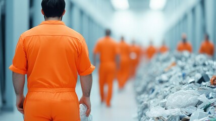 Inmates in orange jumpsuits work in a recycling facility, focusing on sorting and processing waste materials in an industrial setting.
