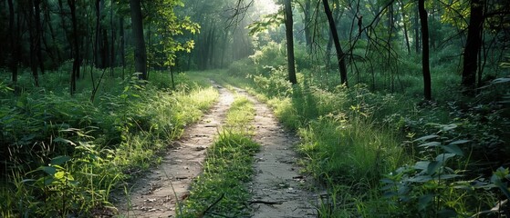 Obraz premium A sun-dappled forest path winds through lush greenery, inviting exploration and fostering a peaceful connection with nature.