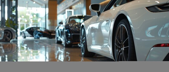 A line of pristine luxury automobiles gleams under sleek showroom lights, embodying modern design and premium craftsmanship.