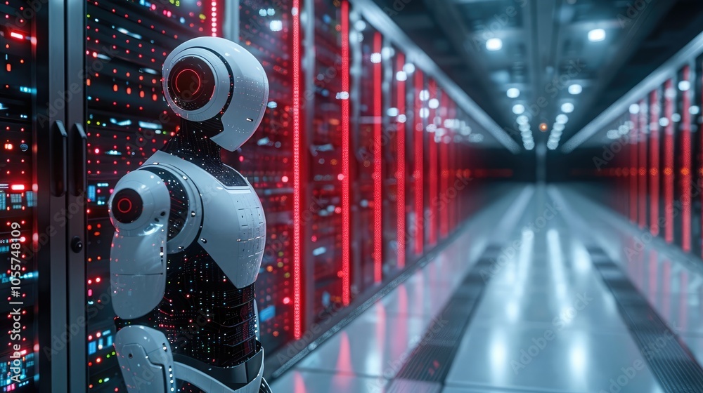 Aufkleber In futuristic technology, robotics stand at the edge of modern servers while artificial intelligence robots observe.