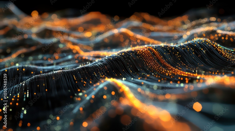 Poster Abstract visualization of flowing waves with glowing particles, representing data or energy.