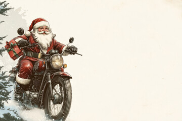 Christmas Background,A speedy Santa soars on a sleek, black motorbike, ready to deliver Christmas cheer,Generated By Ai